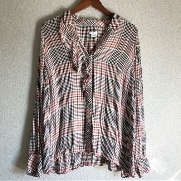 J. Jill Ruffle Front Button Down Plaid Blouse. L - Picture 1 of 11